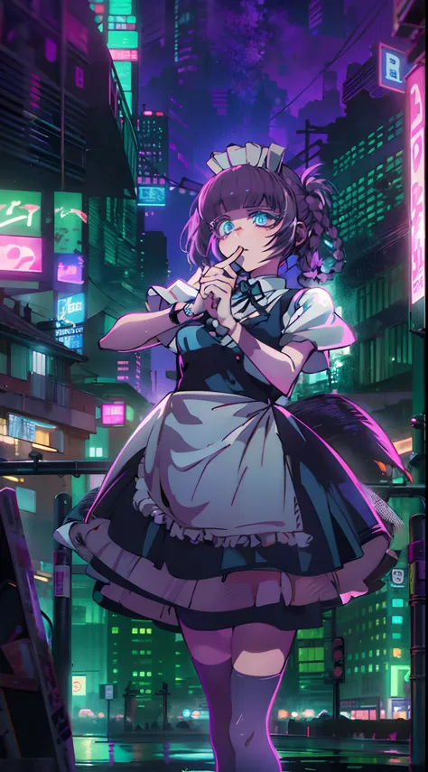 night, colorful cyberpunk city background, rain, street, maid girl, Nazuna Nanakusa,yofukashi no uta, blue eyes, shining eyes, black stockings, backlit, glow, looking up audience, low angle lens, looking up lens, perfect composition, perfect light and shad...