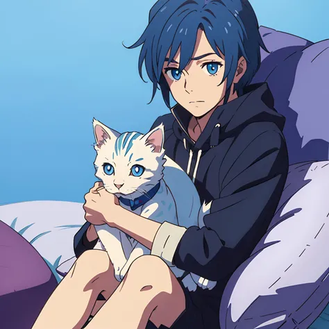 Anime male character blue-haired，Sky blue background，Sitting cross-legged on a cushion holding a white kitten，facing at camera，Blue pupil，Eyes full of confidence