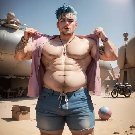 james dean photo, 1boy fat boy, Masterpiece, big belly, brow skin, blue hair, pink cropped top shirt, pink jockstrap underwear, DESERT BACKGROUND, festival burning man, asteroid city. atomic bomb, full body, open legs, full body