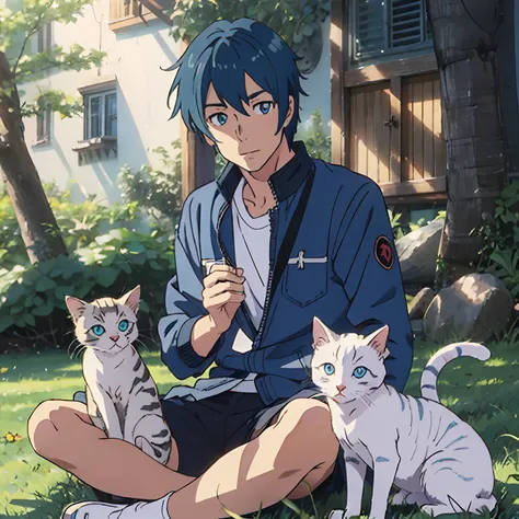 Anime male character blue-haired，Sitting cross-legged on the grass holding a white kitten，Look up at the camera，Blue pupil，Confident eyes