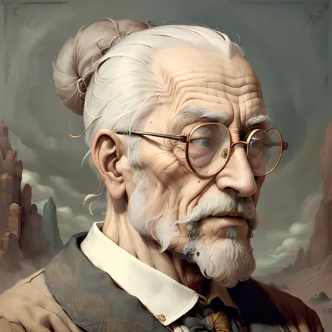 ((((higly detailed))))surrealism,The face of a thin artist,eyeglasses, Old man 90 years old,beard.