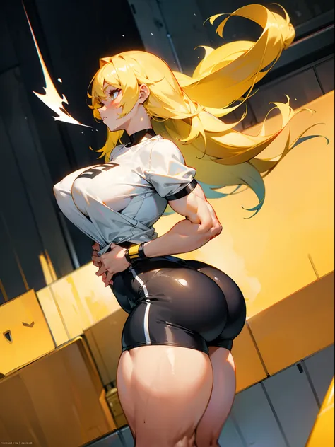 Beautiful girl with yellow hair，musculous，The thighs are extremely strong，The butt is extremely big，The ass is extremely strong，The chest is extremely large，The  are extremely large，Nipple spraying is extremely abundant，Breasts that are exaggerated，white s...