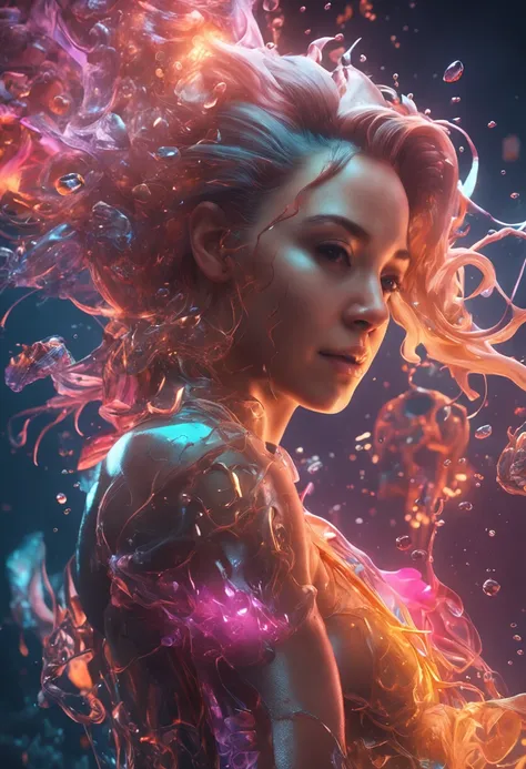 ModelShoot style, (Extremely detailed Cg Unity 8K wallpaper), A chaotic storm of intricate liquid smoke in the head, Stylized beauty full-length abstract portrait, wetted skin, author：Petros Afshar, ross tran, tom whalen, Peter Mohrbacher, Art germ, Broken...