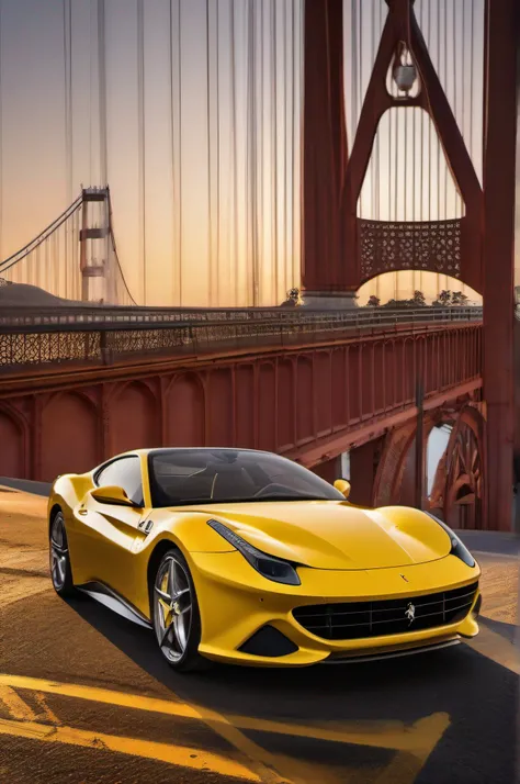 fotosonhadora e fantastica de um carro ferrari amarelo, Backdrop of the Goldem Gate Bridge in San Francisco, melhor qualidade, 8k