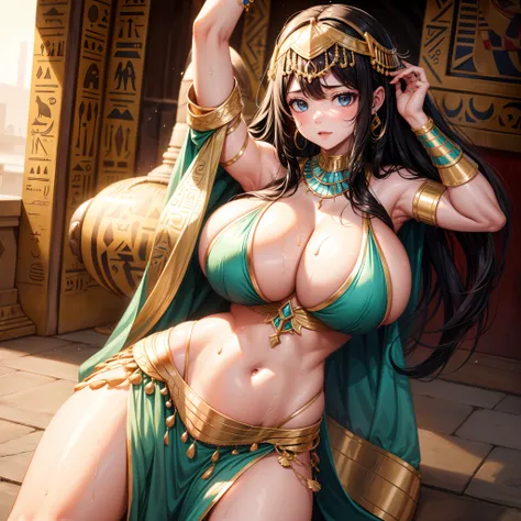 1girll，Egyptian dance costumes，gigantic cleavage breasts，Covered in sweat，Heavy breasts，prengant