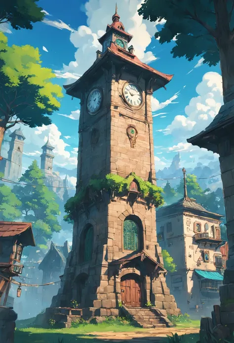 botw style, A clock tower standing tall in a small town within the forest