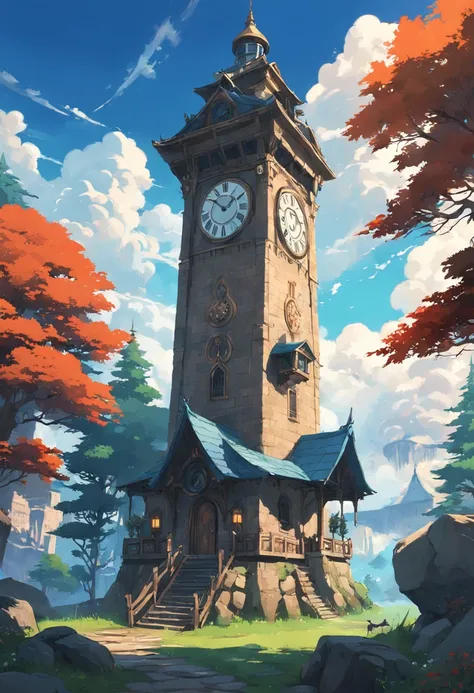 botw style, A clock tower standing tall in a small town within the forest