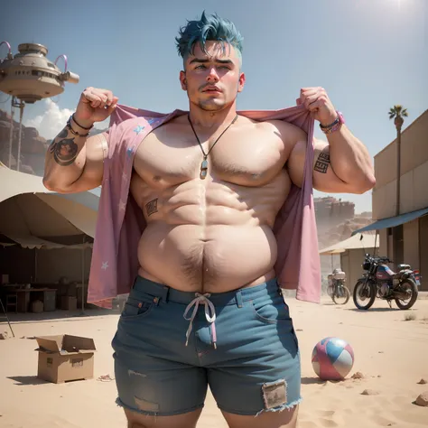 james dean photo, 1boy fat boy, Masterpiece, big belly, brow skin, blue hair, pink cropped top shirt, pink jockstrap underwear, DESERT BACKGROUND, festival burning man, asteroid city. atomic bomb, full body, open legs, full body