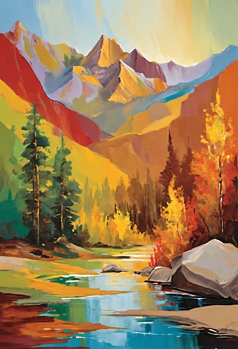 Rocky Mountains on a sunny day in vector art, strong detailed colors , super realistic 4k