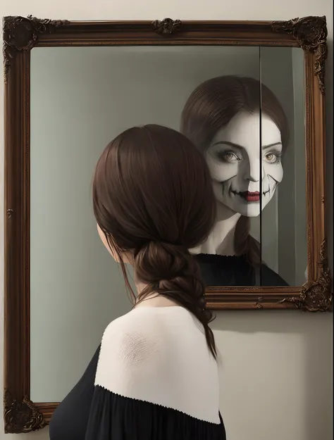 A woman looking at her spooky reflection in the mirror, elaborately framed mirror, shadows writhing in the background, realistic image