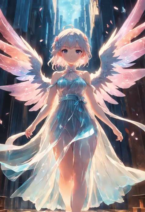 **fashion photograghy, a fashion female modewearing a dress,translucent plastic wings,angelwings, Californiaimpressionism, soft sunlight, y2kbeautiful,dreamy style 16k