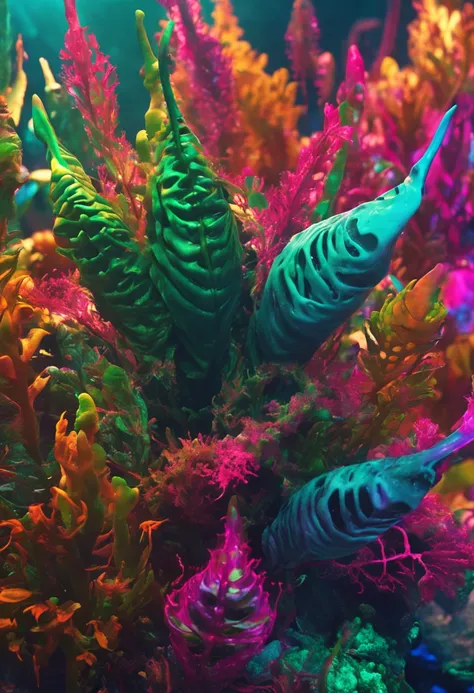 Strong psychedelic plant close-up, strange plants in Hollywood science fiction movies, cyberpunk, alien creatures, surreal marine life rendering, weird, movie annihilation, few people have seen