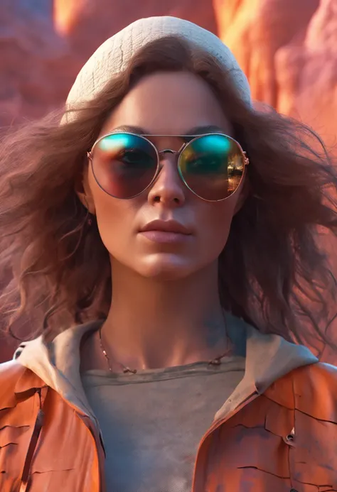 Beautiful woman in desert realistic super detailed portrait style photo, Transparent sunglasses, detailedfacialfeatures, thermography, dry, Heat exhaustion cityscape, Metal Ethereal Ian, eye - catching detail, Missing details in the blink of an eye,