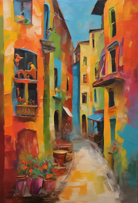 Charming cobblestone streets，Lined with quirky shops and cafes, Each building façade is painted with whimsical and vibrant murals，Scenes depicting local folklore and culture, Joy and artistic energy radiate from every corner, Mixed media collage, Photograp...