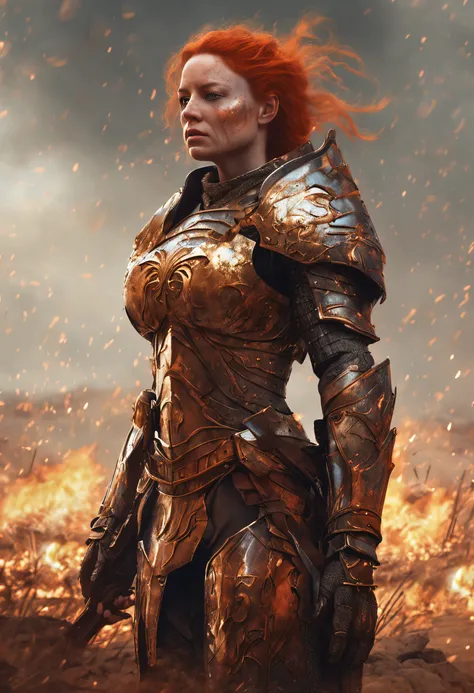 detailed illustration of ginger female divine paladin wearing full plate armor, heavily damaged armor, standing sad on a battlefield, battlefield on fire as background, dirt, misery and decadence, dark ambient, art by Mschiffer, tetradic colors