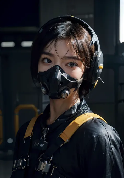 Highest image quality, outstanding details, ultra-high resolution, (realism: 1.4), ((close up)), the best illustration, favor details, highly condensed 1girl, (cyberpunk,cybprg), a delicate and beautiful face, (short hair), (wearing baggy spacesuit with me...