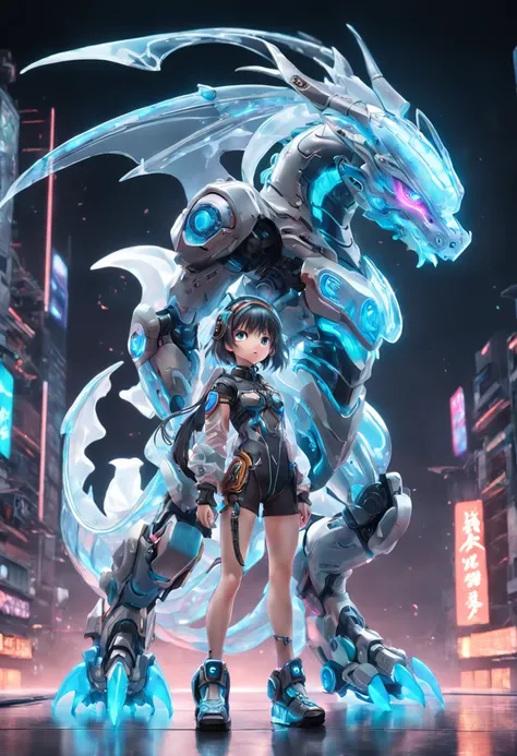 chinesedragon, (Blind box toy style:1.2), (Full body shot) , 1 Transparent girl,Behind him is a transparent Chinese dragon, Transparent mech, Exquisite helmet:1.2, Luminous goggles:1.2, Cyberpunk, dreamy glow, luminous neon lights, Clean, White background,...