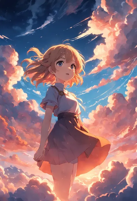 masterpiece, best quality, movie still, 1girl, cloud girl, floating in the sky, close-up, bright, happy, warm soft lighting, sunset, (sparks:0.7)