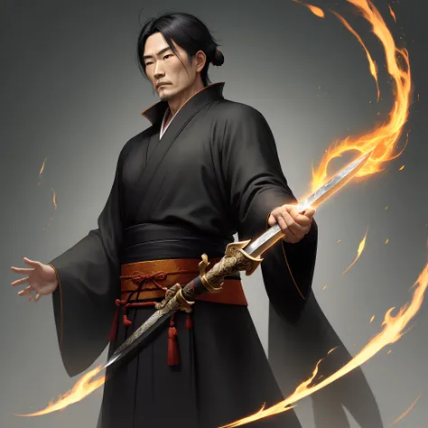 Daoism，shoun，Bunched hair，He wears a black robe with a tai chi motif，Hold the talisman in your left hand，Hold a long sword in your right hand