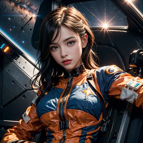 Simpatic Franch woman (32 years), (orange space suit:1.3), unified 8k wallpaper, super detailed, beautiful and aesthetic, beautiful, masterpiece, best quality, raw, masterpiece, super fine photo, best quality, super high resolution, photorealistic realism,...