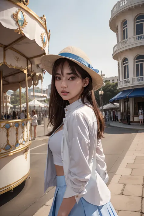 araffe woman in white shirt and blue skirt standing in front of carousel, gorgeous young woman,  girl, bae suzy, smooth white tight clothes suit,  womens fashion model, beautiful  woman, cropped shirt with jacket, beautiful young woman, 2 4 year old female...