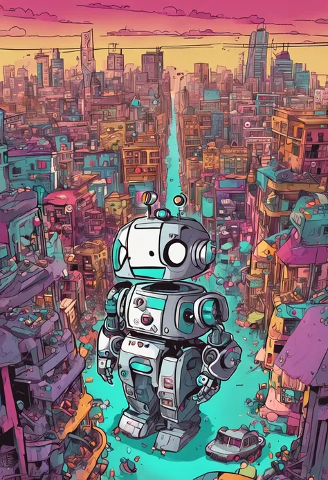 Cute giantic robot throwing toppings over the city