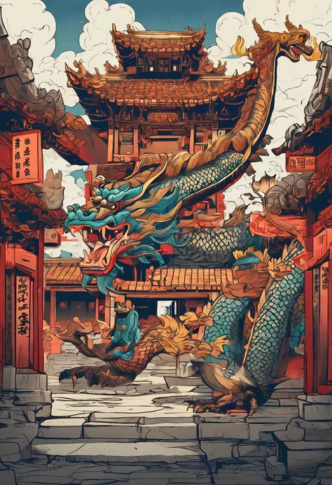 Best quality at best,tmasterpiece,超高分辨率,Nu no people, (The long:1.2),a Oriental Dragons, east asian architecture, daysies, buliding, exteriors, ​​clouds, tag, mont, with her mouth open, blue-sky, teeth, scales, dentes pontiagudos, banya, glowing, fangs, Th...