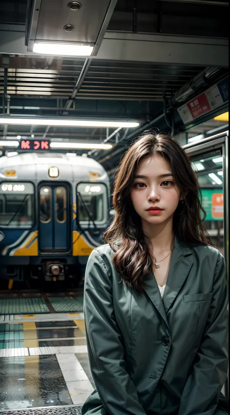 (1girl), solo, latin-girl, long_hair, wearing(green-formal_suit, jewelry), photo(medium-shot), portrait, sitting-poses, pov, blurry_background, background(futuristic-metro_station), (photorealistic, absurdres, best_quality:1.55),