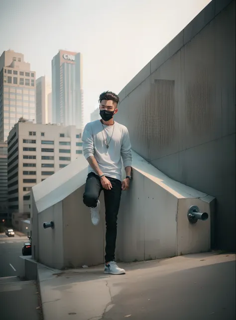 there is a man standing on a cement wall with a skateboard, casual photography, cinematic outfit photo, stylish pose, shot on canon eos r 5, shot on canon eos r5, standing on rooftop, with a cool pose, wearing mask, with lovely look, full body photogenic s...