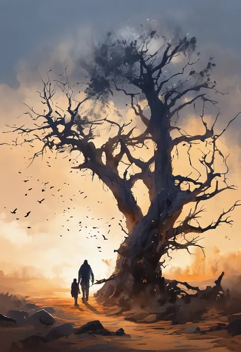 two crows in a dead tree, a shadow shaped like a man walking, starry night, dense fog on the ground, blue bright light in the horizon, Unreal Engine 5, Cinematic, low angle Photography, motion blur, Depth of Field, dust, pebbles and mud. splash art, drippi...