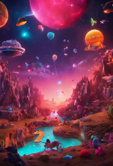 (popup book:1.5)，(Space Landscape)，(extremely colorful, Best quality, high detailed, Masterpiece, offcial art, Cinematic Lighting, 4K, Chiaroscuro)