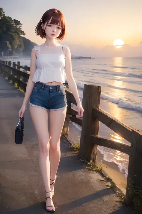 (((Walking along the seaside))、(((Sunset)))、(middlebreasts、tomgirl、the head is small))、sunlights、(the perfect body : 1.1)、(Short straight hair : 1.2)、reddish brown hair、(((Put out your right hand)))、((Red hairpin)), ((With smiling eyes)) (((great laughter)...