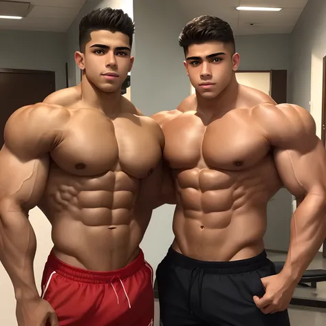 A teen of 15 year old (Mexican ethnicity) tan skin massive muscular bodybuilder with extraordinary biceps pectorals triceps traps, plump, Gigachad