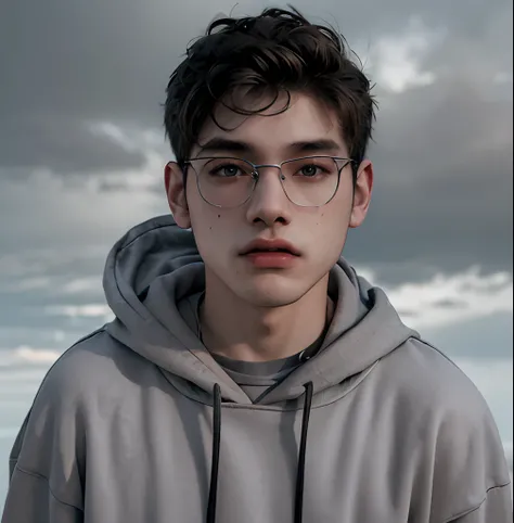 (masterpiece:1.2), (best quality:1.2), hyper realistic,highestres,absurdres,extremely detailed,volumetic,dramatic lighting,(frontal view),
20 year old boy,face,detailed eyes, grey hoodie, black t-shirt, with background ((sky))