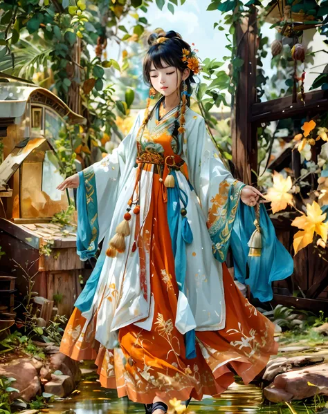 Ancient wind，vivaciousness，Bell hair ornaments，Two-dimensional girl，Orange clothes