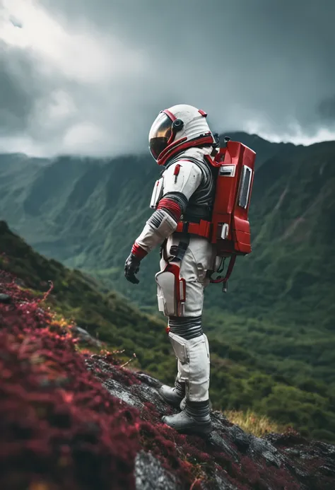 (35mmstyle:1.2), Highly detailed RAW color Photo, Rear Angle, Full Body, of (female space marine, wearing white and red space suit, futuristic helmet, tined face shield, rebreather, accentuated booty), outdoors, (standing on Precipice of tall rocky mountai...