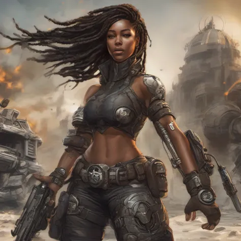 (((NSFW, desenho de linha, Desenho em aquarela, best quality, Ultra Detalhado, master part, 1 mulher negra de 21 anos, pele negra, corpo inteiro, corpo magro, Gears of War estilo sci-fi NSFW caça))), ((1 mulher negra de 21 anos, pele negra, cabelo dreadloc...