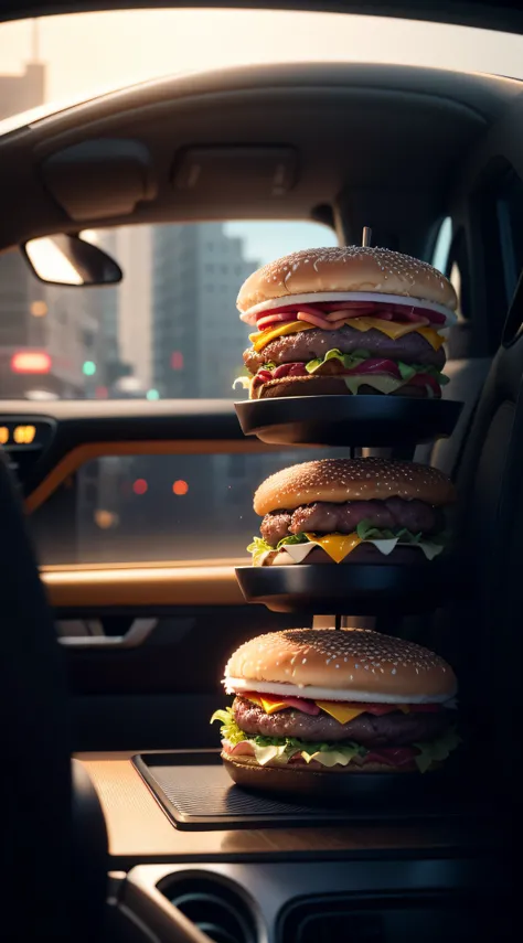 a close up of a large hamburger with cheese and bacon, serving big macs, modern photo, kawacy, luscious with sesame seeds, official photo, also symmetrical, poggers, mac, very, by Dali, stockphoto, , Vivacious, Club, Golden Hour, aerial view, Octane render...