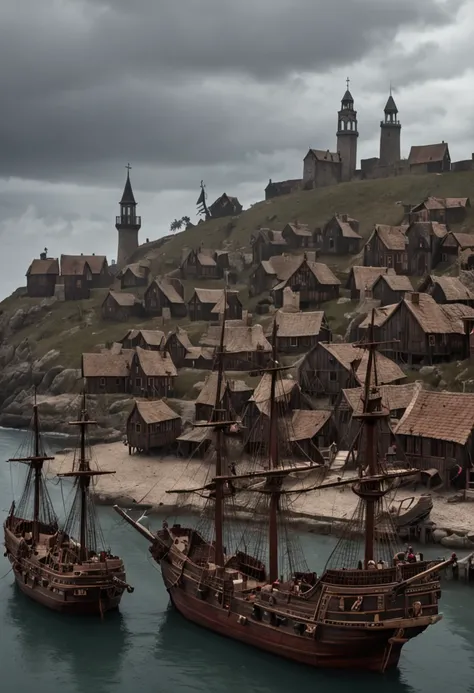 Ship harbor with several pirate ships Medieval city port and lighthouse，There are several wooden houses on the coast in a gloomy desert setting，Crimson continent suffering from plague, Deep gray sky with jet black clouds，Low illuminated with many shadows, ...