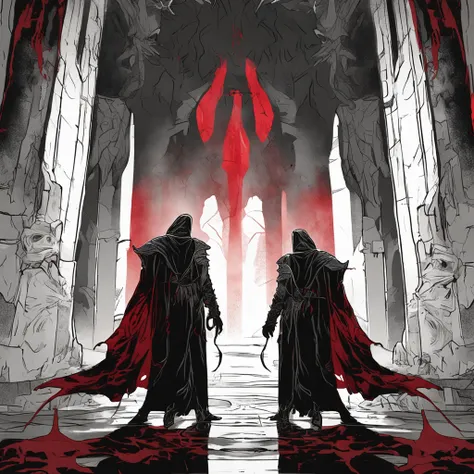 An evil warlock stood in a dark cave, clad in a wide gray robe. The robe was painted with dark red evil patterns, emitting an eerie glow. The warlocks body was slim, as if swallowed by darkness, and his eyes revealed an evil cunning. Behind his back floate...