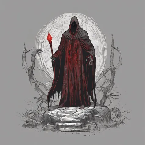 An evil warlock stood in a dark cave, clad in a wide gray robe. The robe was painted with dark red evil patterns, emitting an eerie glow. The warlocks body was slim, as if swallowed by darkness, and his eyes revealed an evil cunning. Behind his back floate...