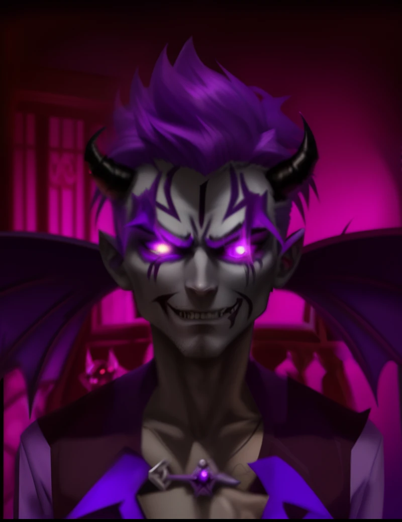 cartoon of a demon with purple hair and a pentagram, demon male, demon boy, evil devious male, vampire of clan lasombra, gapmoe yandere grimdark, human male demon, portrait demon half human, fit male demon with white horns, giesha demon, devious evil expre...