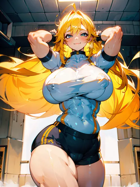 Beautiful girl with yellow hair，musculous，The thighs are extremely strong，The butt is extremely big，The ass is extremely strong，The chest is extremely large，The  are extremely large，Nipple spraying is extremely abundant，Breasts that are exaggerated，white s...