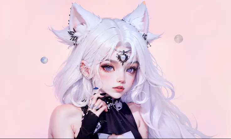 (anthropomorphic wolf cute cub) orelhas de lobo,com jaqueta preta, olhos rosa e branco , heterocromia nos olhos ,cabelo platinad...