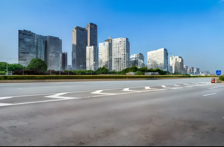 There is an empty road with a sign in front of a city, Fundo do City Street View, Distrito Empresarial Highrise, Vista super ampla de uma paisagem urbana, cidade, ruas da cidadecape, Tall buildings in the background, paisagem da cidade, rua moderna da cida...