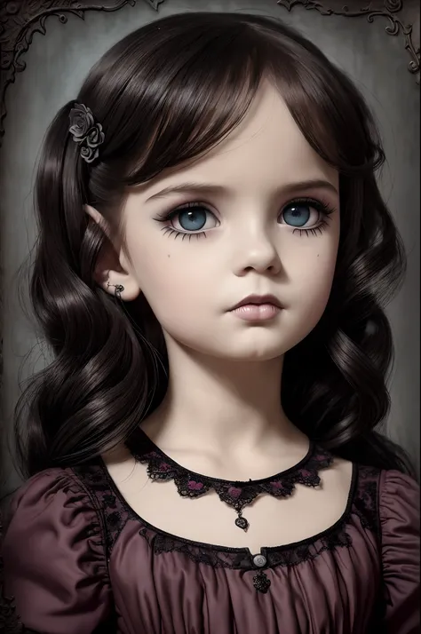 (Best Quality, tmasterpiece:1,1),  little Abigail, Strong Gothic Makeup,((Стиль Mark Ryden)), sensitivity,  Detailed Illustration, grotesque,  Complicated details, chilling, (aesthetics), excitement, Hyper-realistic, insanely detailed,