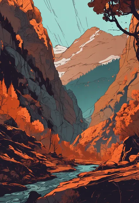 movie shot of a mountainous rocky landscape with a raging river and lush forest, creepy, scary, horror, cinematic, epic, poster, digital painting, orange and dark colors, intricate details, Asaf hanuka, uplight, 35mm