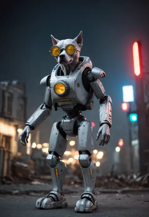 (anthropomorphism:1.5),(Full Body Shot), Cyberpunk, In the middle, 1 Grey dog mecha(Mechanical style Grey dog head, Blue glowing goggles, Gas mask), Standing on two legs, mechanical miracle, damaged Machine element,nobody, Moonlight, Dreamy Glow, ruined ci...