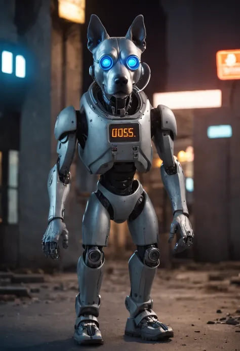 (anthropomorphism:1.5),(Full Body Shot), Cyberpunk, In the middle, 1 Grey dog mecha(Mechanical style Grey dog head, Blue glowing goggles, Gas mask), Standing on two legs, mechanical miracle, damaged Machine element,nobody, Moonlight, Dreamy Glow, ruined ci...