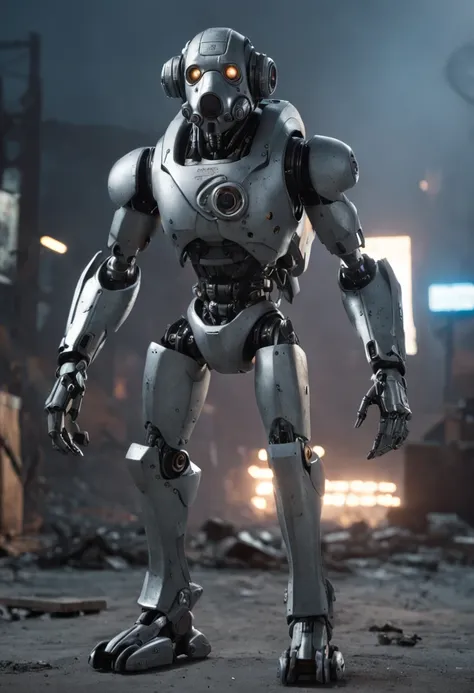 (anthropomorphism:1.5),(Full Body Shot), Cyberpunk, In the middle, 1 Grey dog mecha(Mechanical style Grey dog head, Blue glowing goggles, Gas mask), Standing on two legs, mechanical miracle, damaged Machine element,nobody, Moonlight, Dreamy Glow, ruined ci...